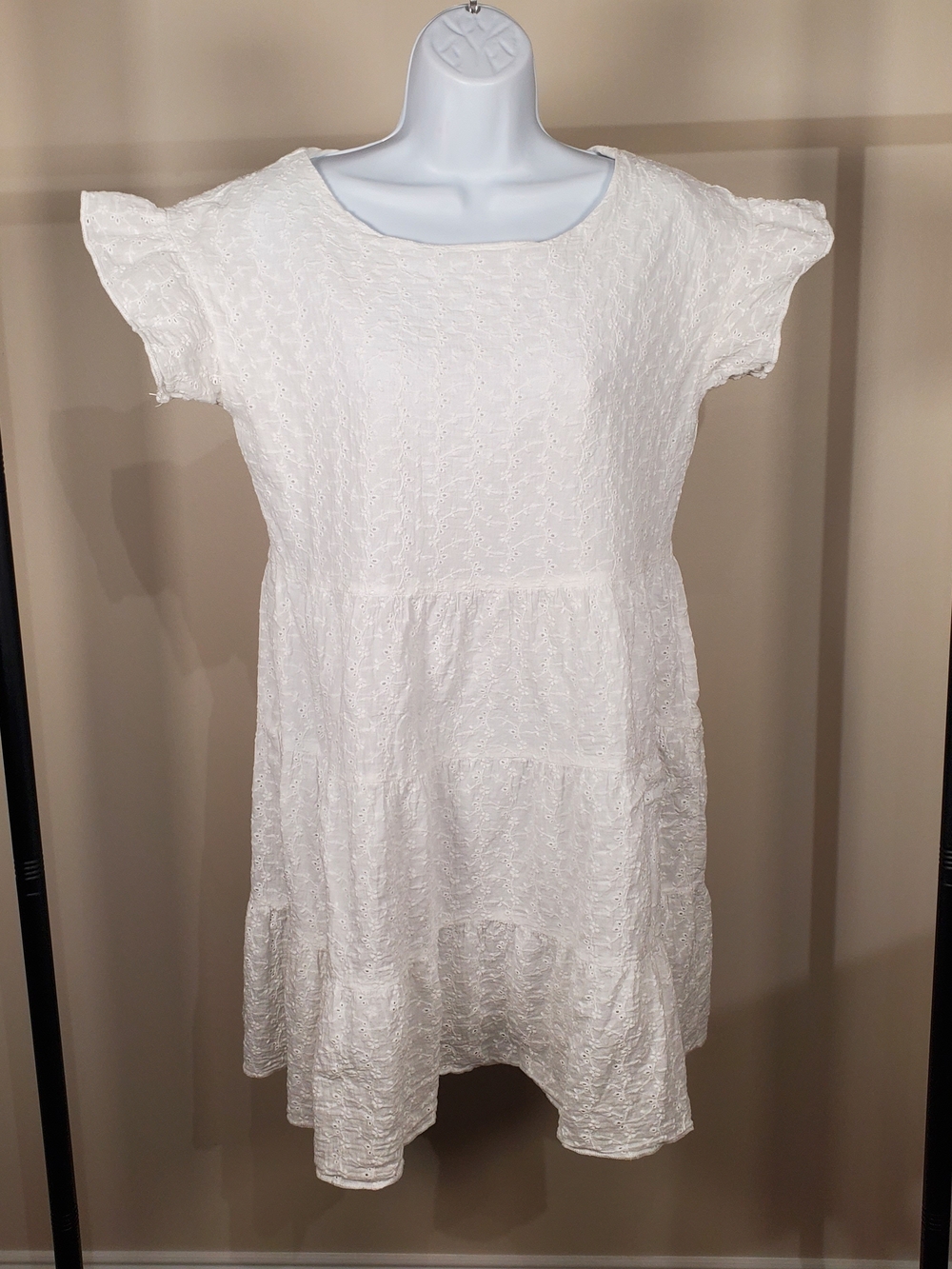 HYFVE - White Cotton Eyelet Tiered Mini Dress Flutter Sleeve Medium
